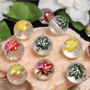 16mm high transparent acrylic color maple leaf printed round beads for diy pen & pendant accessories
