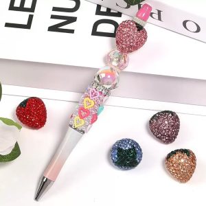 strawberry clay beads with rhinestones, diy beaded pen & phone chain accessories