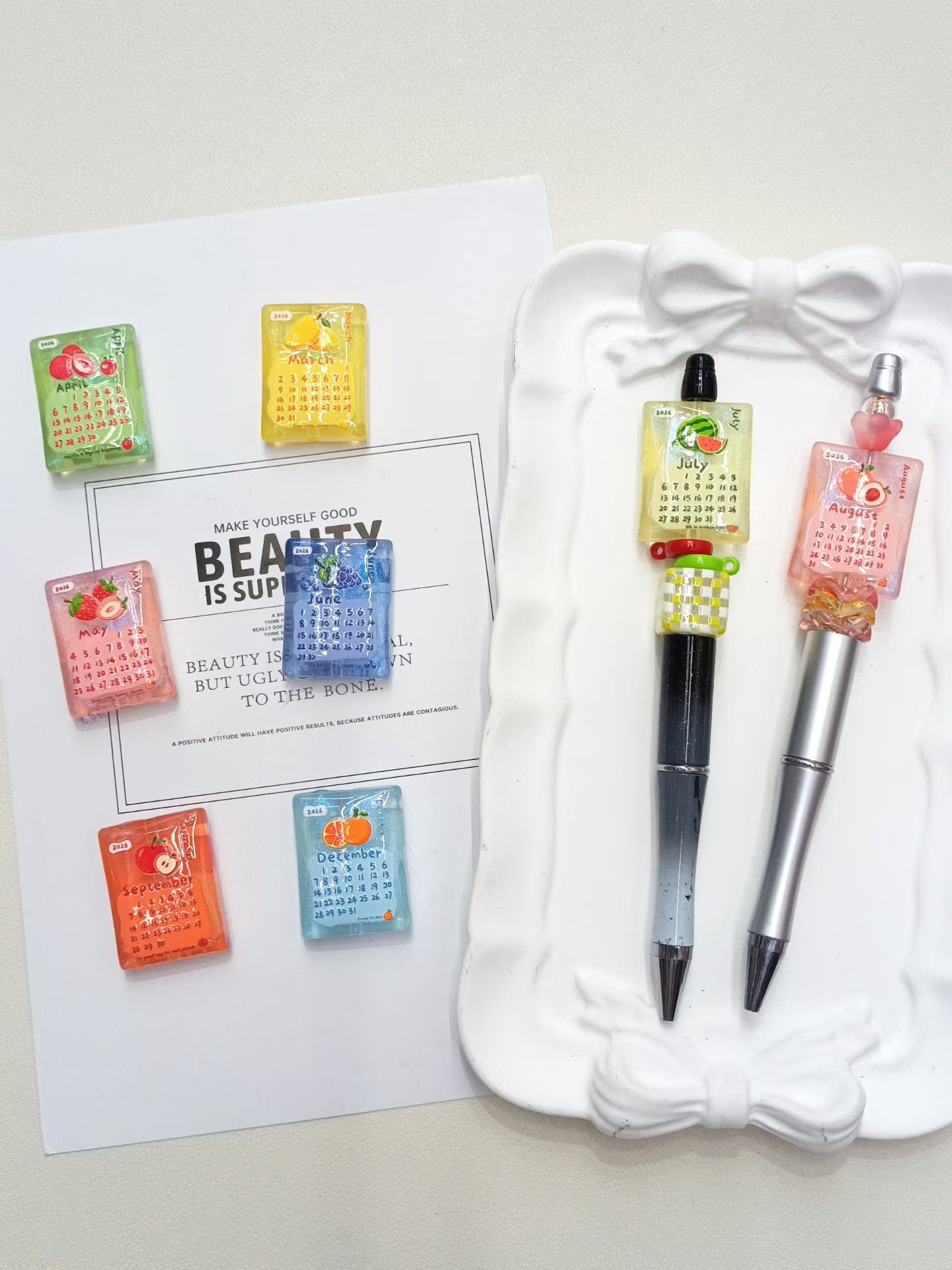 2026 fruit calendar acrylic beads, double sided embossed for diy pens, phone chains & keychains 2026 fruit calendar acrylic beads, double sided embossed for diy pens, phone chains & keychains
